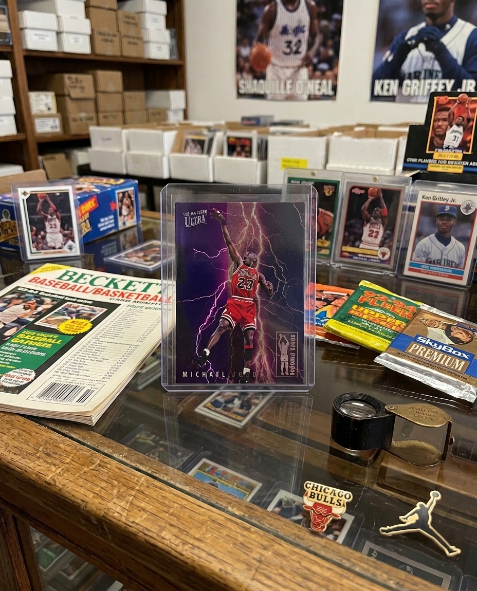Supplied collector artwork featuring a Scoring Kings-inspired card on a card-shop counter